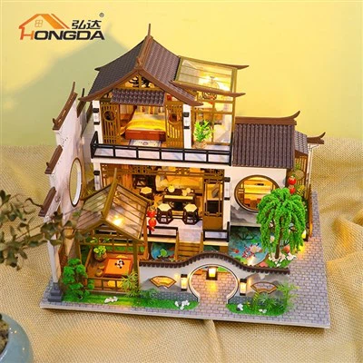 Hongda PC2314 2023 Lastet Design runollinen viehätys kiinalaistyylinen puinen itse tekemä miniatyyrisarja valolla tytöille